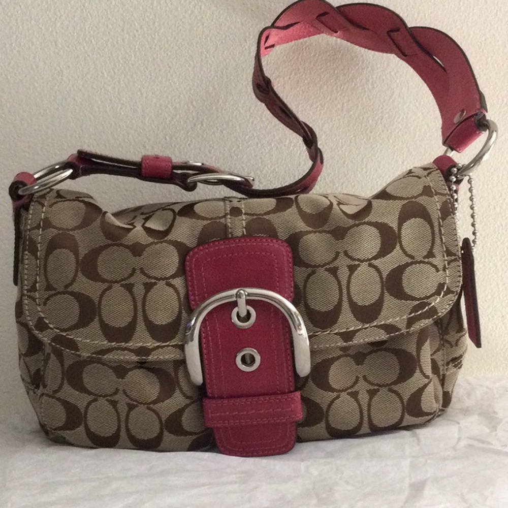 Coach Soho Flap Signature shoulder Bag in Brown and Pink